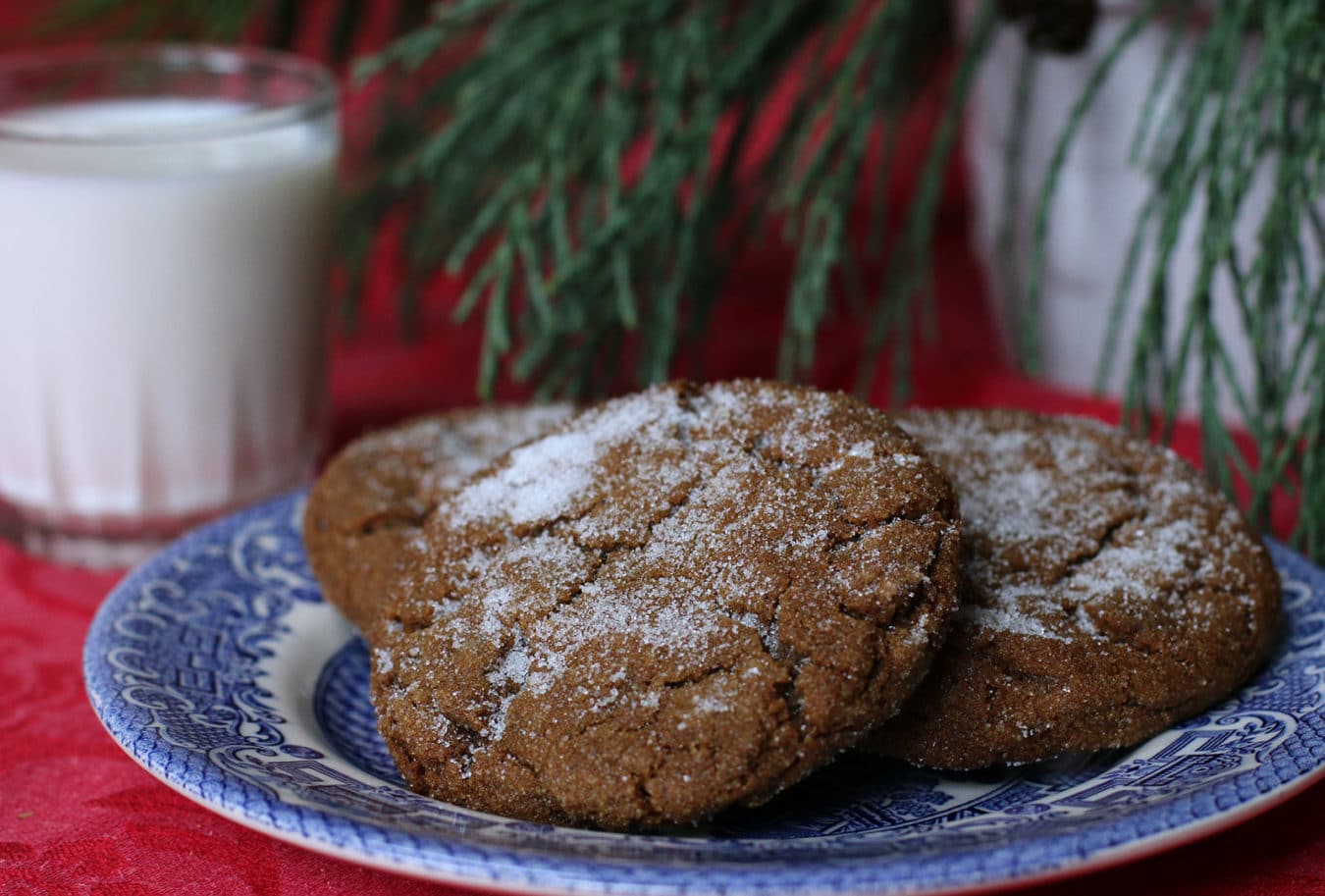 brown cookies covered in sugar on a blue plate with a glass and milk and greenery in the background