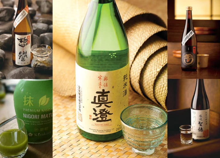collage of bottles of sake with glasses on tables